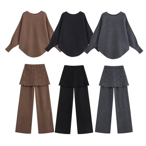 Damen Zweiteiliges Strick-Set mit Oversize-Pullover, Lochmuster-Miniüberrock und weiter Palazzohose Echoarchiv