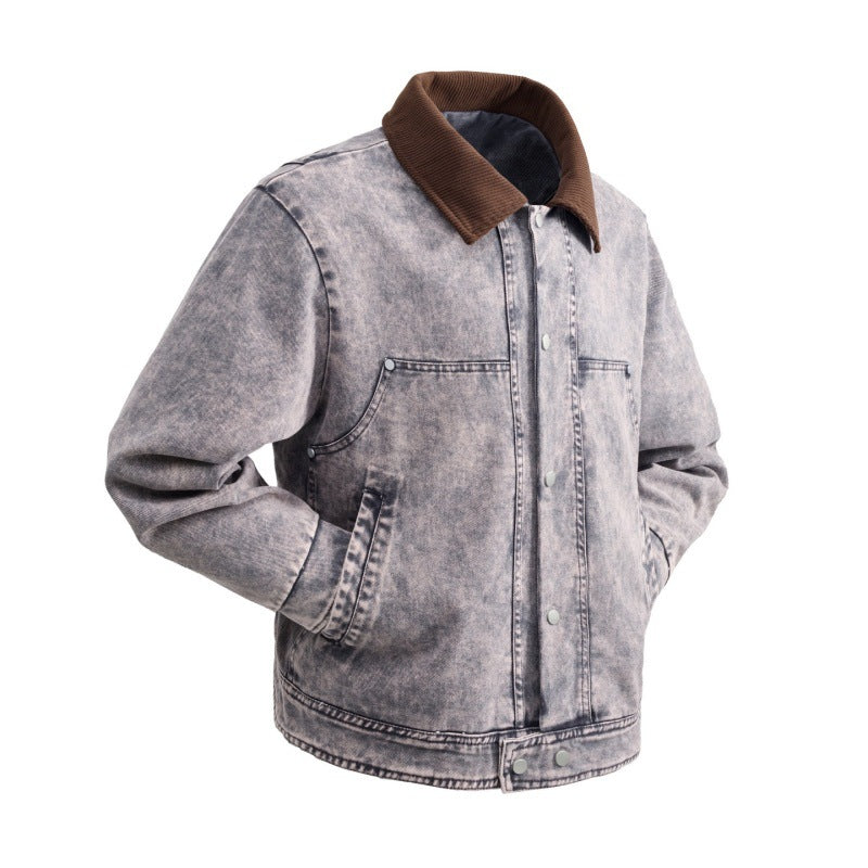 Herren gepolsterte Denimjacke mit Cordkragen, Druckknopfverschluss und praktischen Seitentaschen – Denvaro
