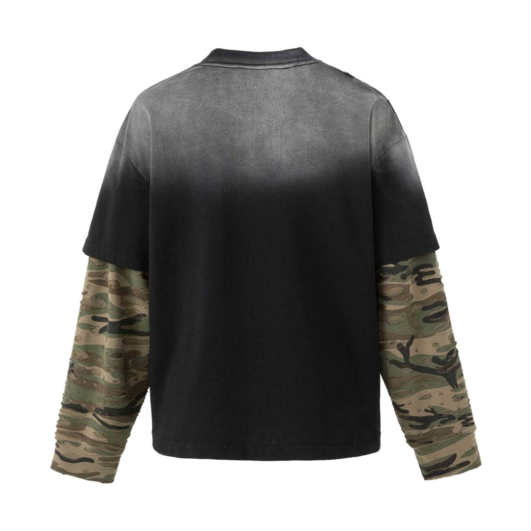 Herren weit geschnittenes Lagenlook T-Shirt mit Used-Effekt und Camouflage-Ärmeln Echoarchiv