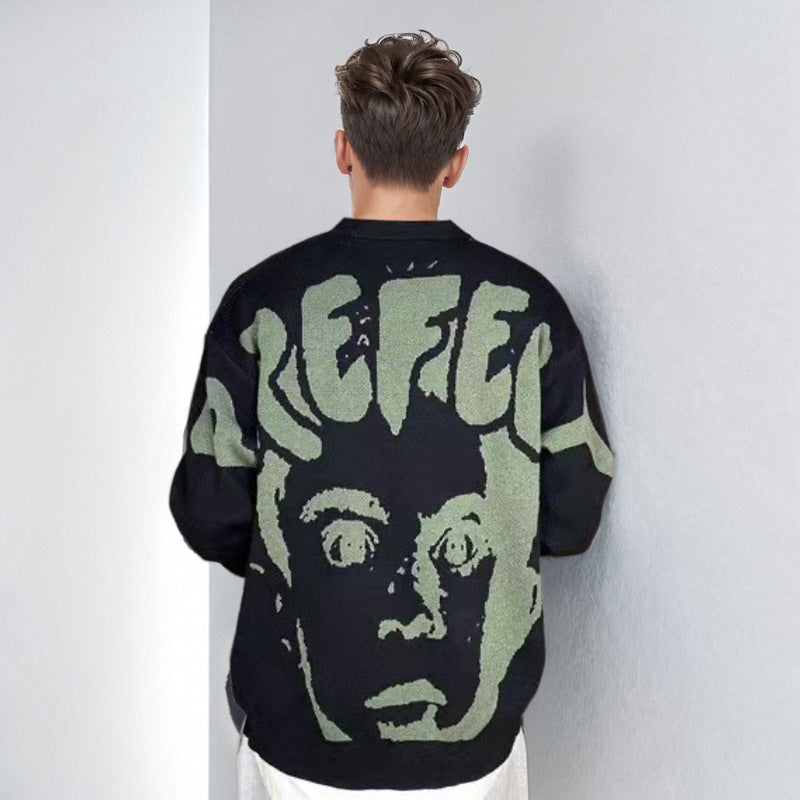 Herren Oversized-Strickpullover mit großflächigem Jacquard-Gesichtsmotiv und geripptem Saum Echoarchiv