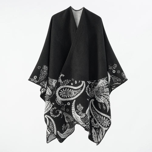 Damen Feines Woll-Cape im Überwurfstil mit kontrastierender Border-Jacquard – Avérine