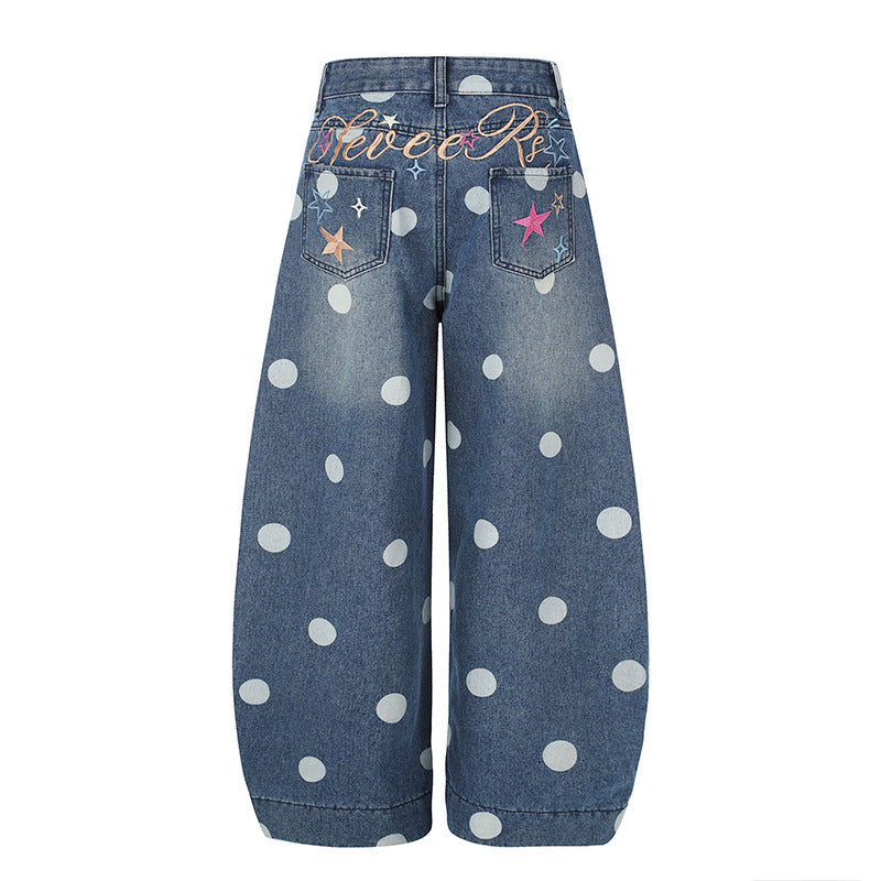 Damen Weite Jeans-Culotte im Palazzo-Stil mit hohem Bund und Punktmuster Echoarchiv