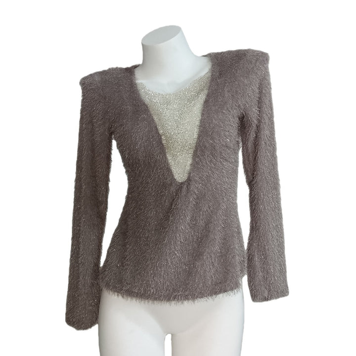 Damen Flauschiges Langarmshirt mit tiefem V‑Ausschnitt und Glitzer-Insert Echoarchiv