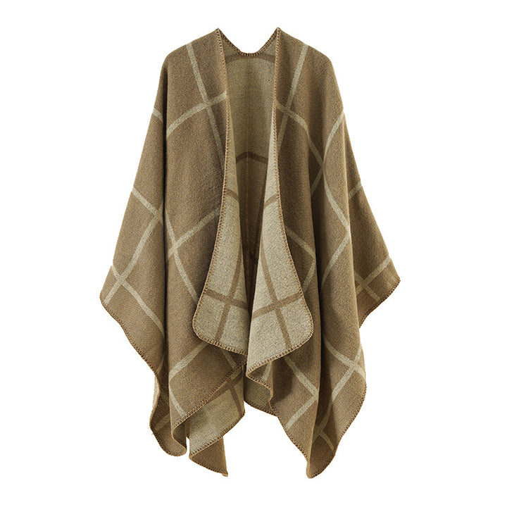 Damen Offener Wollmix-Poncho im Cape‑Stil mit dezentem Karomuster – Avérine