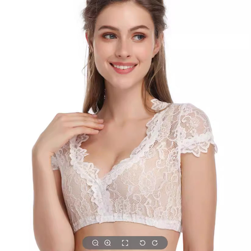 Damen  kurze transparente Spitzenbluse mit V-Ausschnitt und zierlichen Ärmelabschlüssen Echo Archiv