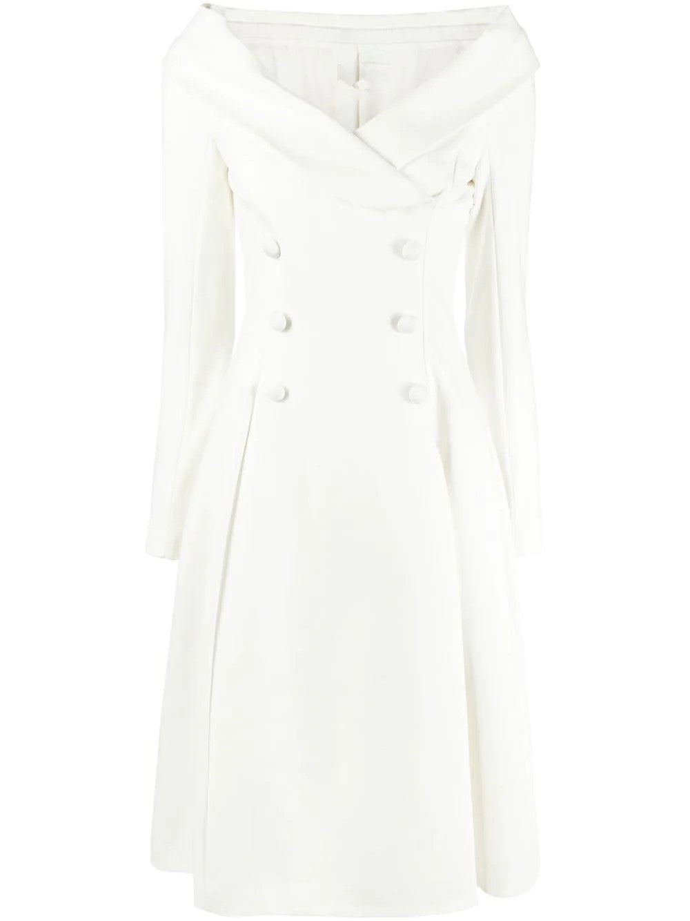 Damen Maxikleid im Mantel‑Look mit Carmenkragen und Doppelreihe Echoarchiv