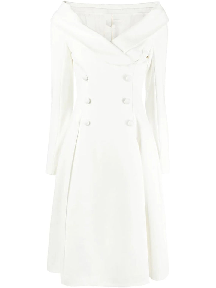 Damen Maxikleid im Mantel‑Look mit Carmenkragen und Doppelreihe Echoarchiv