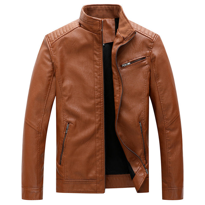 Herren Lederimitat Bikerjacke mit Stehkragen und Reißverschlusstaschen – Valtoré