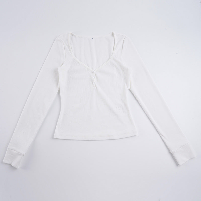 Damen nan figurbetontes geripptes Langarm-Henley-Top mit tiefem V-Ausschnitt und Knopfleiste Echo Archiv