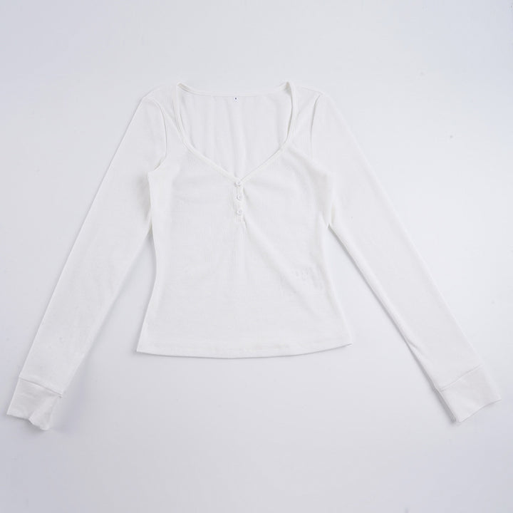 Damen nan figurbetontes geripptes Langarm-Henley-Top mit tiefem V-Ausschnitt und Knopfleiste Echo Archiv