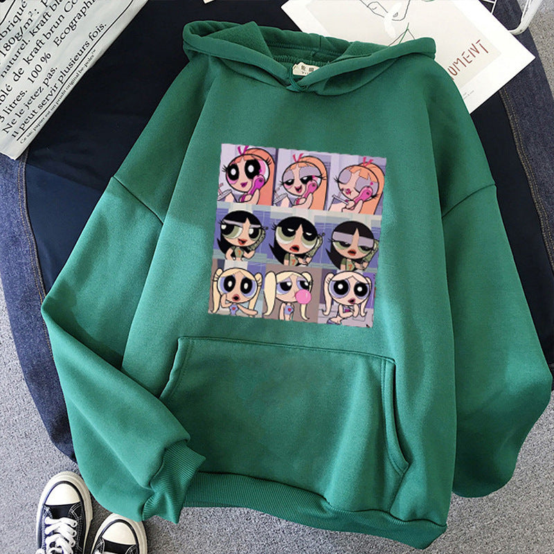 Damen lässiger Kapuzenpullover mit quadratischem Cartoon-Collageprint weiches Fleece Innenfutter und aufgesetzter Kängurutasche – Auréline