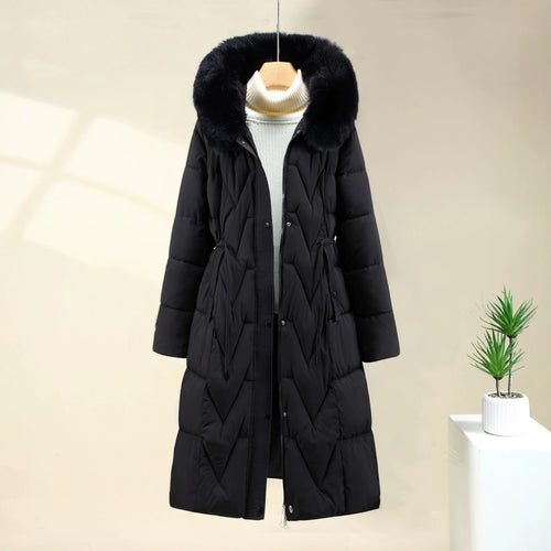 Damen langer gesteppter Parka mit voluminöser Kunstfellkapuze und taillierendem Kordelzug – Montévia