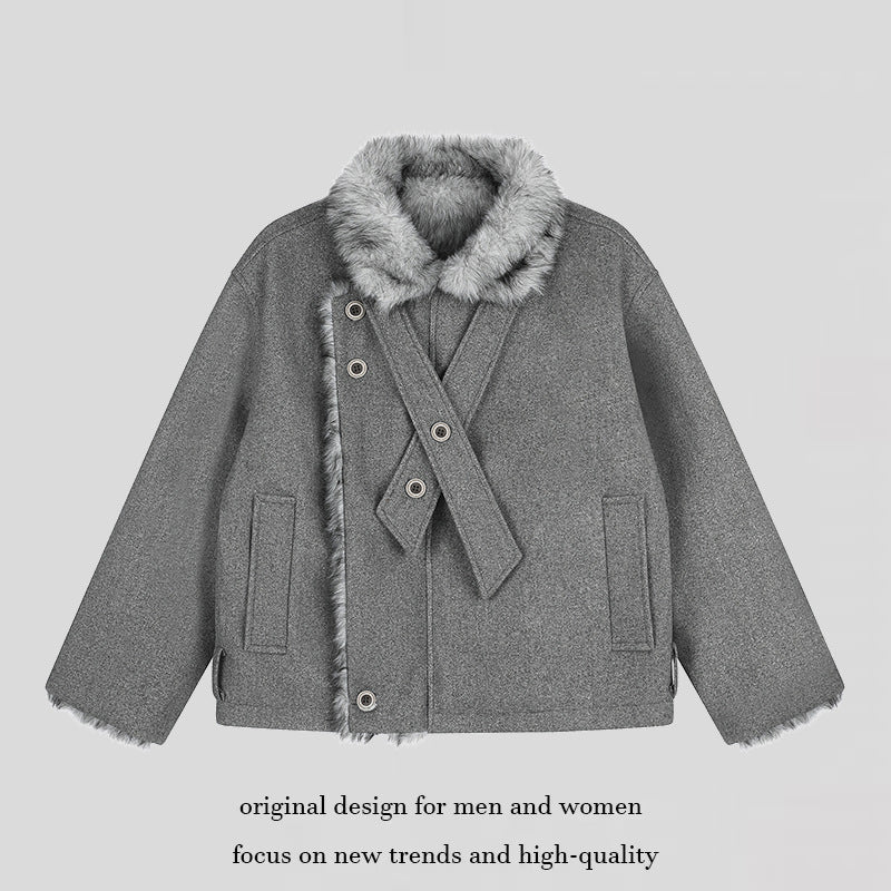 Damen Kurz geschnittene Wolljacke mit Kunstfellbesatz und asymmetrischer Knopfleiste Echoarchiv