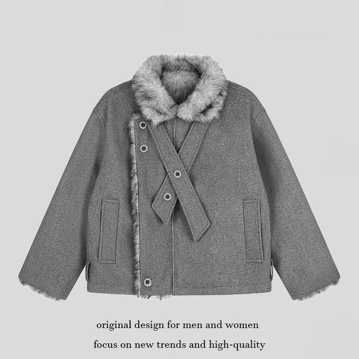 Damen Kurz geschnittene Wolljacke mit Kunstfellbesatz und asymmetrischer Knopfleiste Echoarchiv