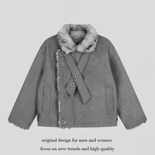 Damen Kurz geschnittene Wolljacke mit Kunstfellbesatz und asymmetrischer Knopfleiste Echoarchiv