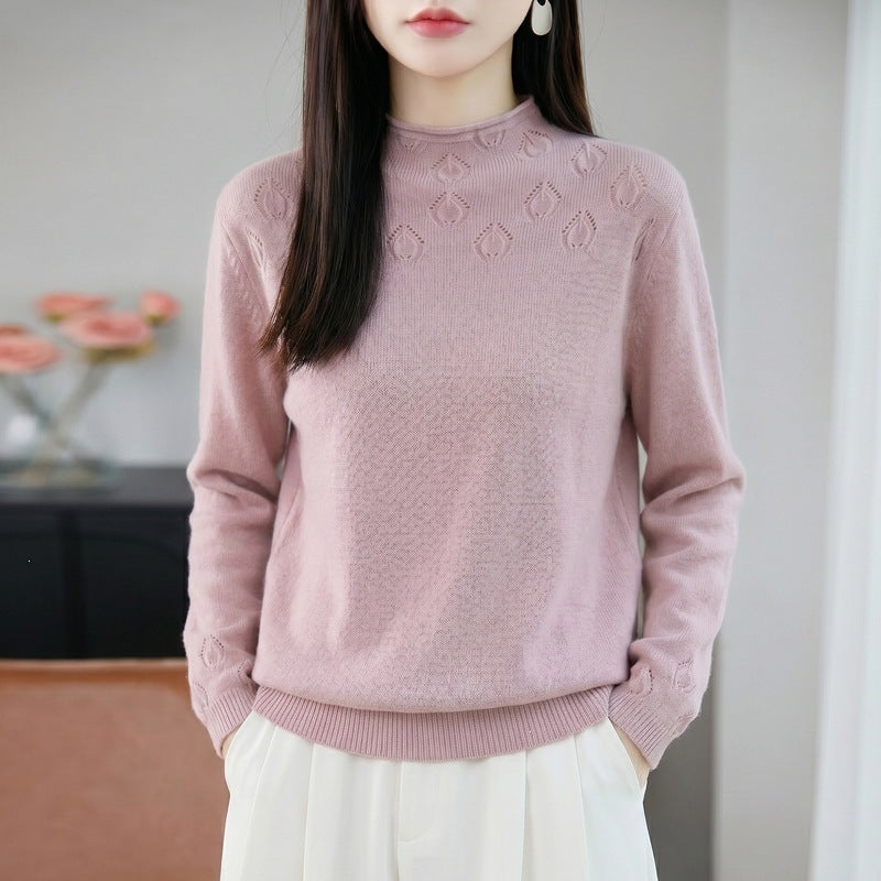 Damen Kurzrollkragenpullover aus Feinstrick mit Ajour‑Yoke und geripptem Saum Echoarchiv