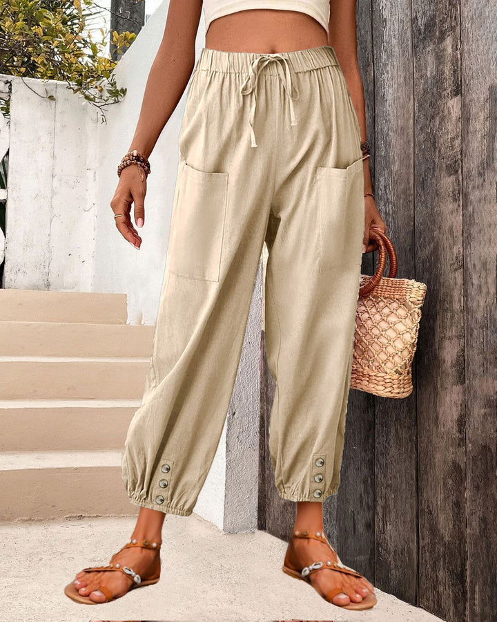 Damen Leinenlook Loungehosen mit hohem elastischem Taillenbund, Kordelzug, aufgesetzten Taschen und geknöpftem Saum – Avélisse