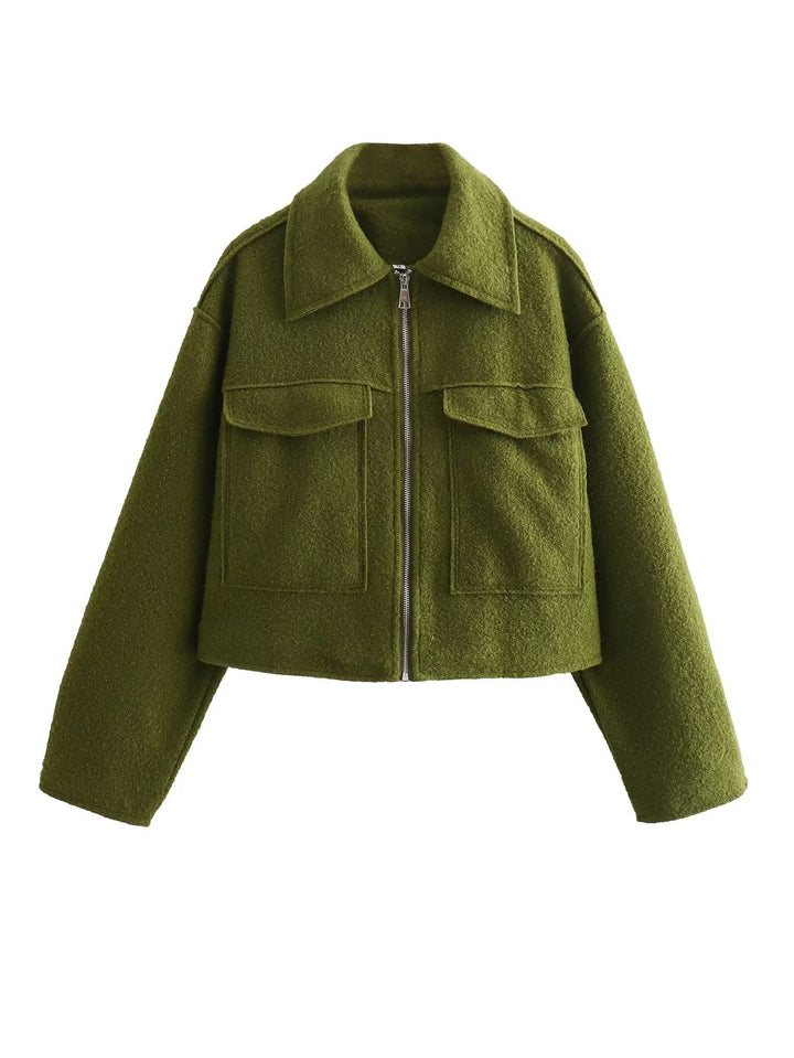 Damen kurzes Cropped Overshirt mit großflächigen Pattentaschen und durchgehendem Reißverschluss – Célinea