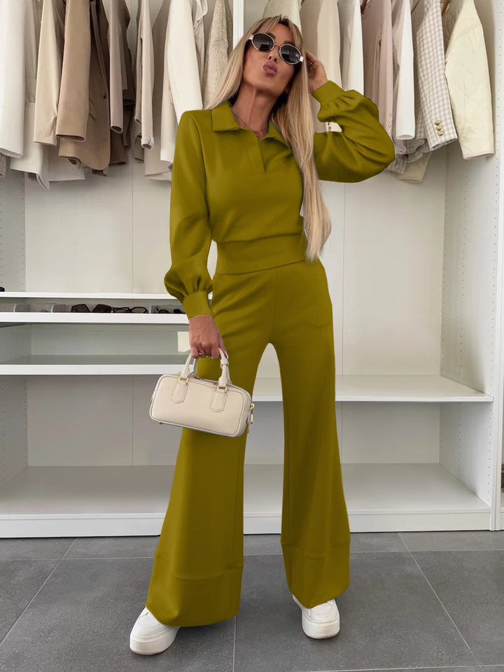Damen Zweiteiliges Lounge-Set mit Polokragen und taillenhoher Palazzohose Echoarchiv