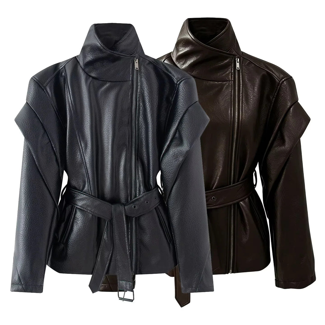 Damen nan taillierte Kunstlederjacke mit asymmetrischem Reißverschluss, hohem Stehkragen und Bindegürtel Echo Archiv
