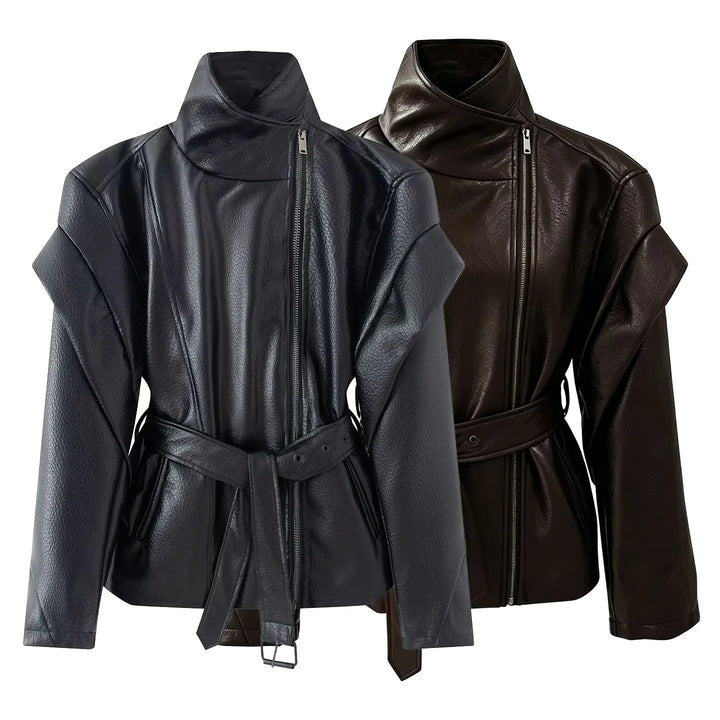 Damen nan taillierte Kunstlederjacke mit asymmetrischem Reißverschluss, hohem Stehkragen und Bindegürtel Echo Archiv