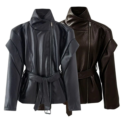 Damen nan taillierte Kunstlederjacke mit asymmetrischem Reißverschluss, hohem Stehkragen und Bindegürtel Echo Archiv