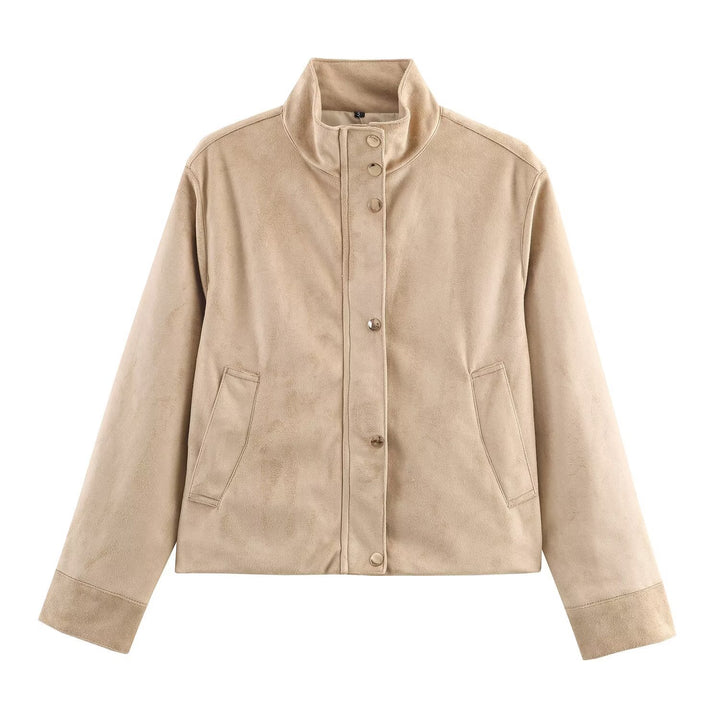 Damen Kurze Wildlederoptik-Jacke mit Stehkragen und Druckknopfleiste Echoarchiv
