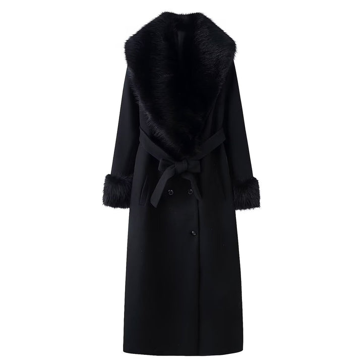 Damen Eleganter Wollmantel mit großem Kunstfellkragen und Bindegürtel Echo Archiv