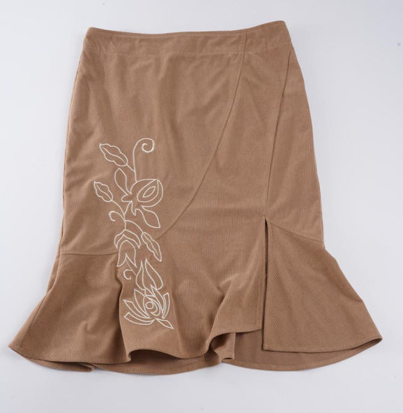 Damen ausgestellter Midirock mit seitlicher Blumenstickerei und Volant Echo Archiv