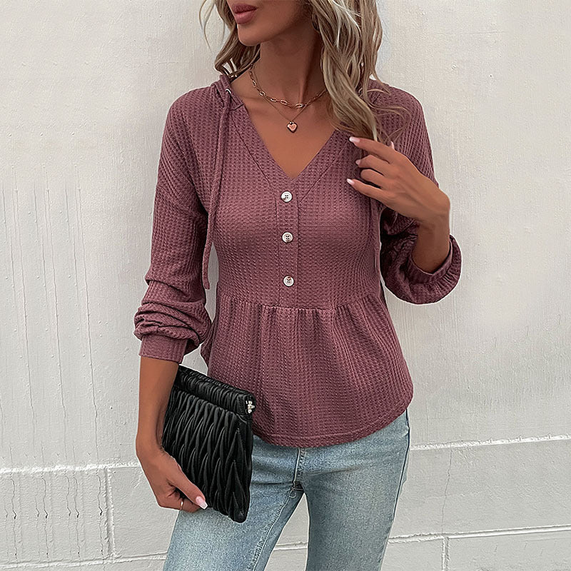 Damen Waffelstrick-Hoodie-Bluse mit V-Ausschnitt, Knopfleiste und geraffter Taillenpasse Echoarchiv