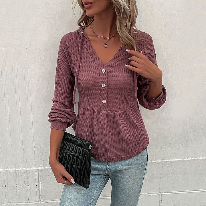 Damen Waffelstrick-Hoodie-Bluse mit V-Ausschnitt, Knopfleiste und geraffter Taillenpasse Echoarchiv