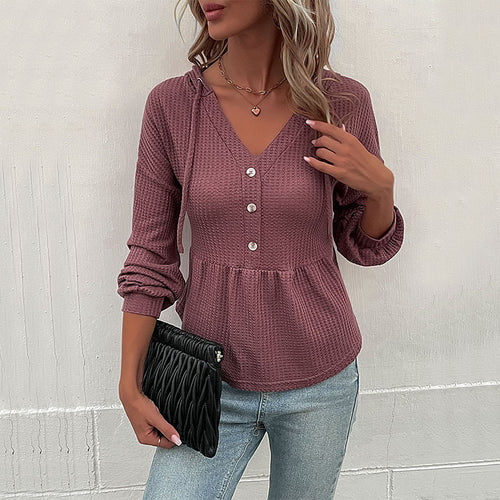Damen Waffelstrick-Hoodie-Bluse mit V-Ausschnitt, Knopfleiste und geraffter Taillenpasse Echoarchiv