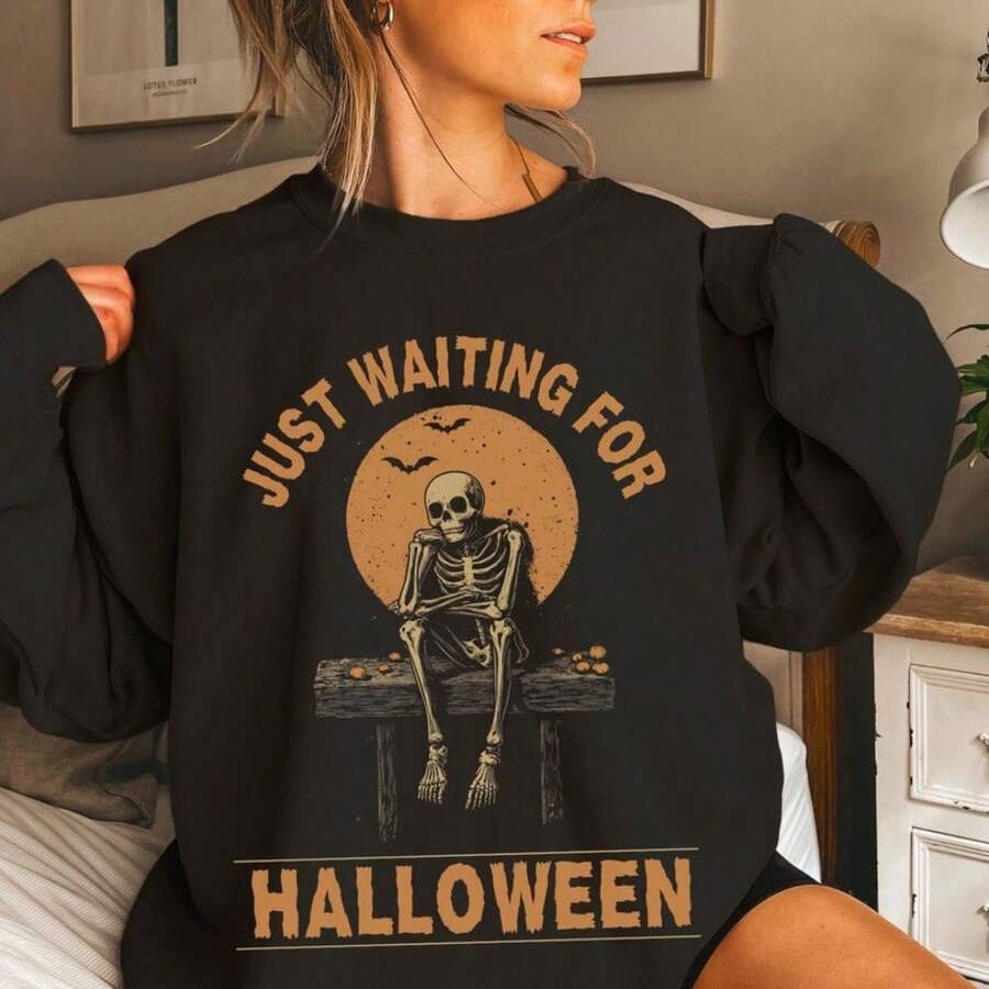 Damen Oversize-Sweatkleid mit Halloween-Skelettprint, weichem Baumwollmix und geripptem Rundhalsausschnitt – Avérine