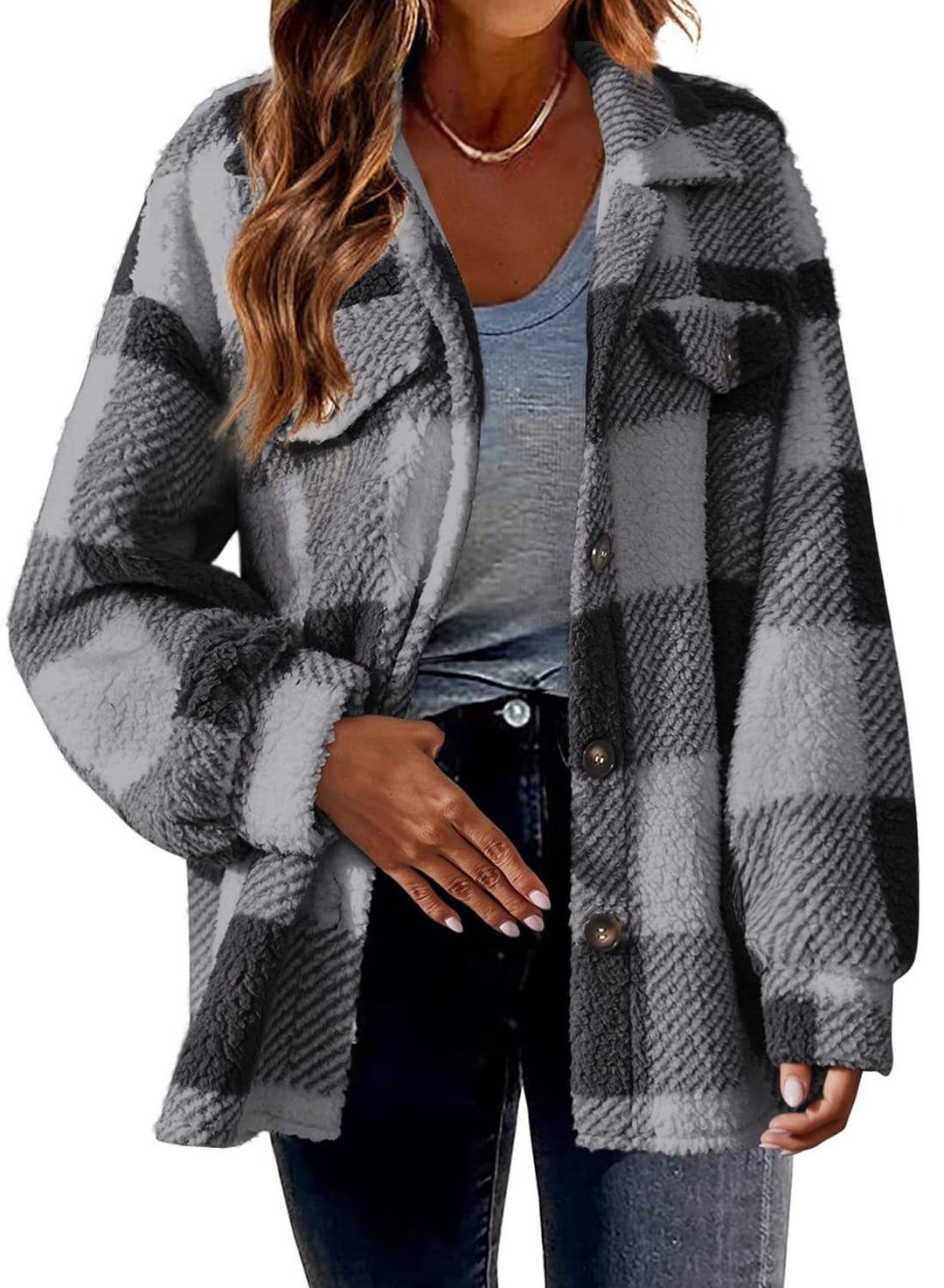 Damen nan kuschelige Sherpa-Karo-Übergangsjacke mit Brusttaschen und großzügigem Oversize-Schnitt Echo Archiv