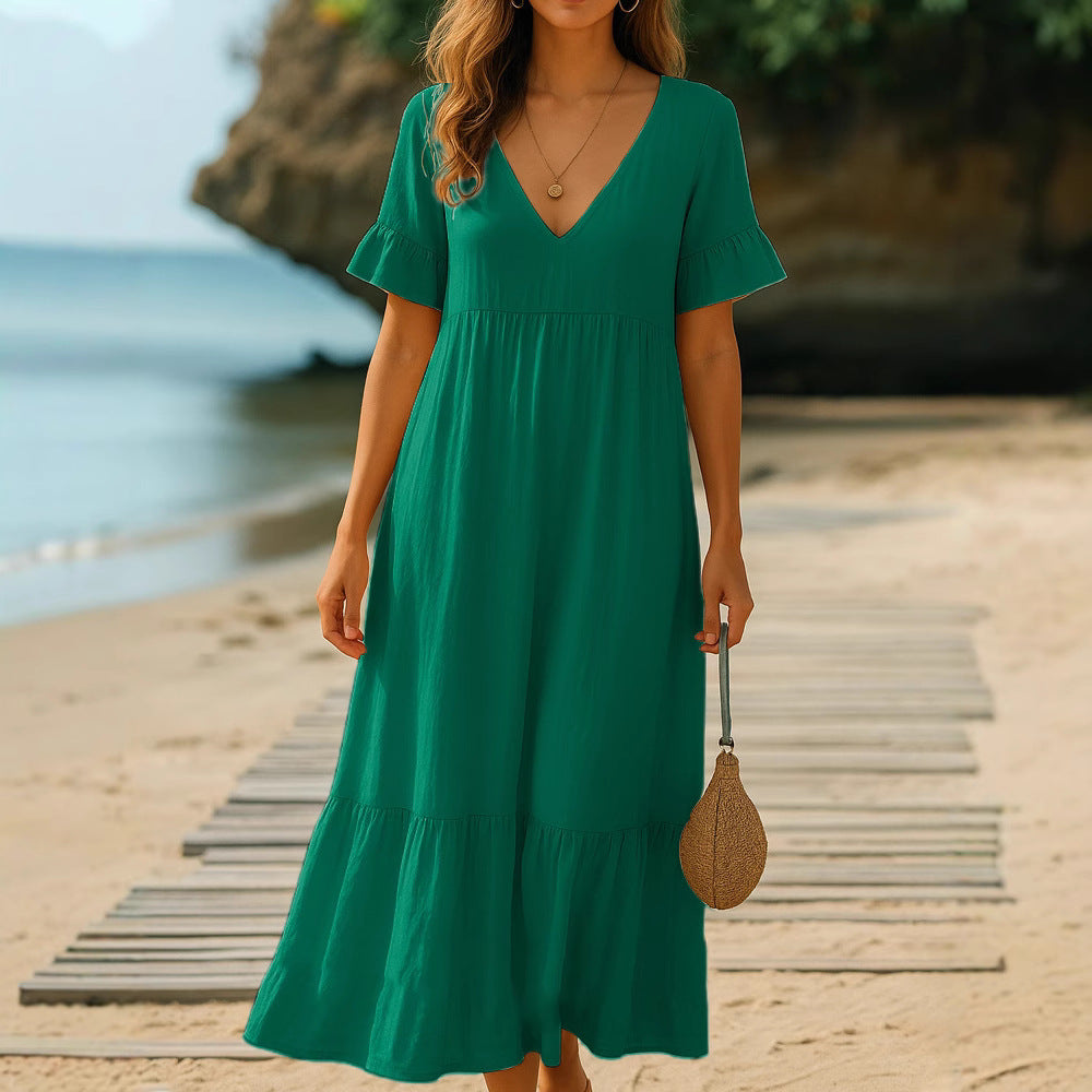 Damen fließendes Maxikleid mit V-Ausschnitt und Rüschendetails Echo Archiv