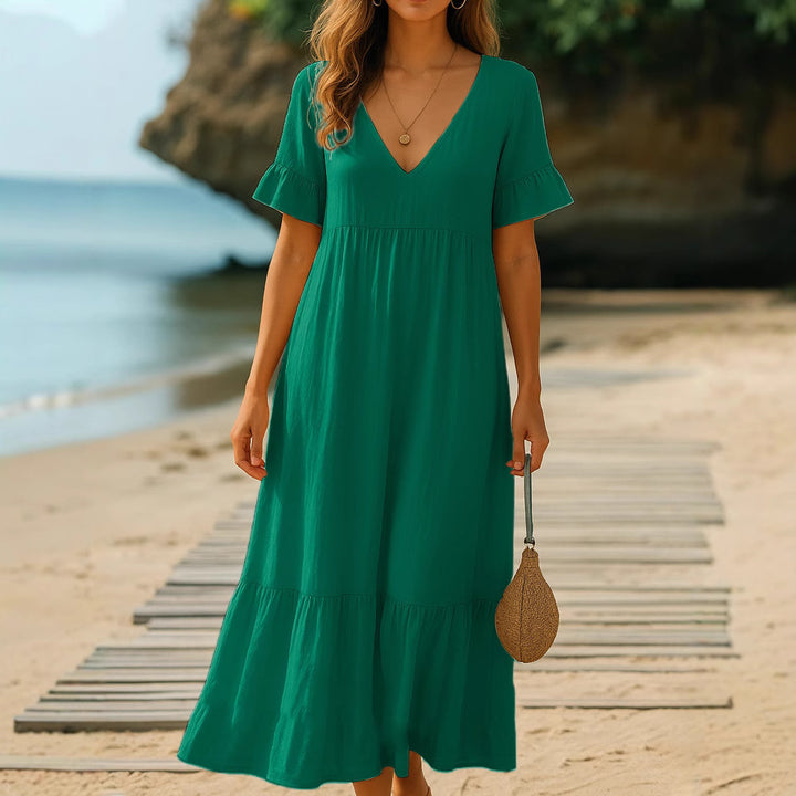 Damen fließendes Maxikleid mit V-Ausschnitt und Rüschendetails Echo Archiv