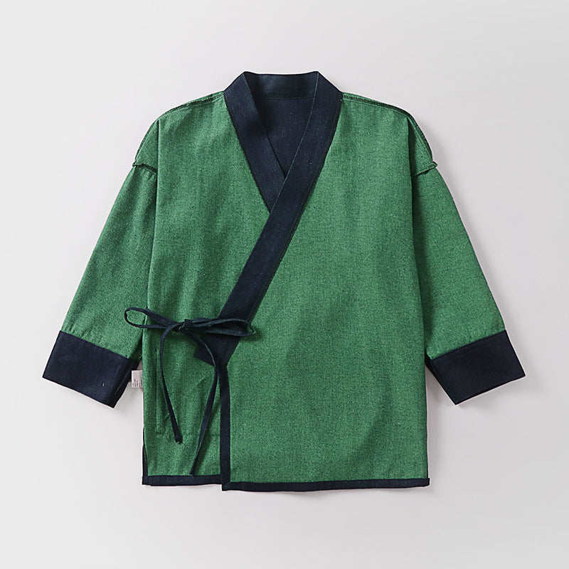 Unisex Leichte Wickel-Kimono-Jacke aus Leinen-Baumwollmix mit Kontrastbesatz und Bindegürtel Echoarchiv