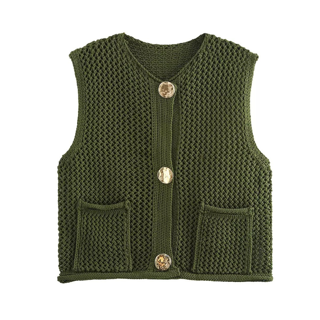 Damen gehäkelte Strickweste mit großen Zierknöpfen und Aufsatztaschen – Veloura