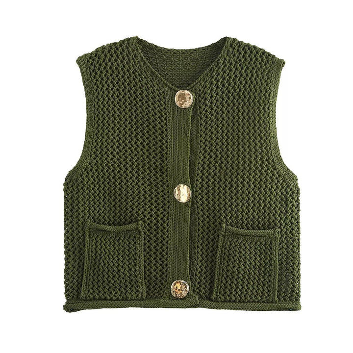 Damen gehäkelte Strickweste mit großen Zierknöpfen und Aufsatztaschen – Veloura