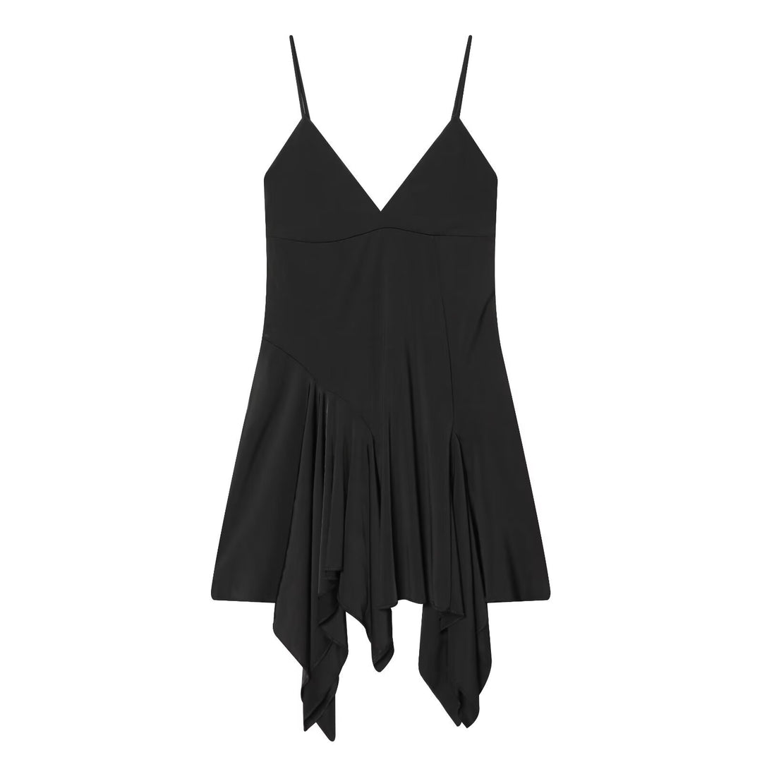 Damen fließendes Spaghetti-Trägerkleid mit asymmetrischem Saum und elegantem Faltenwurf Echo Archiv