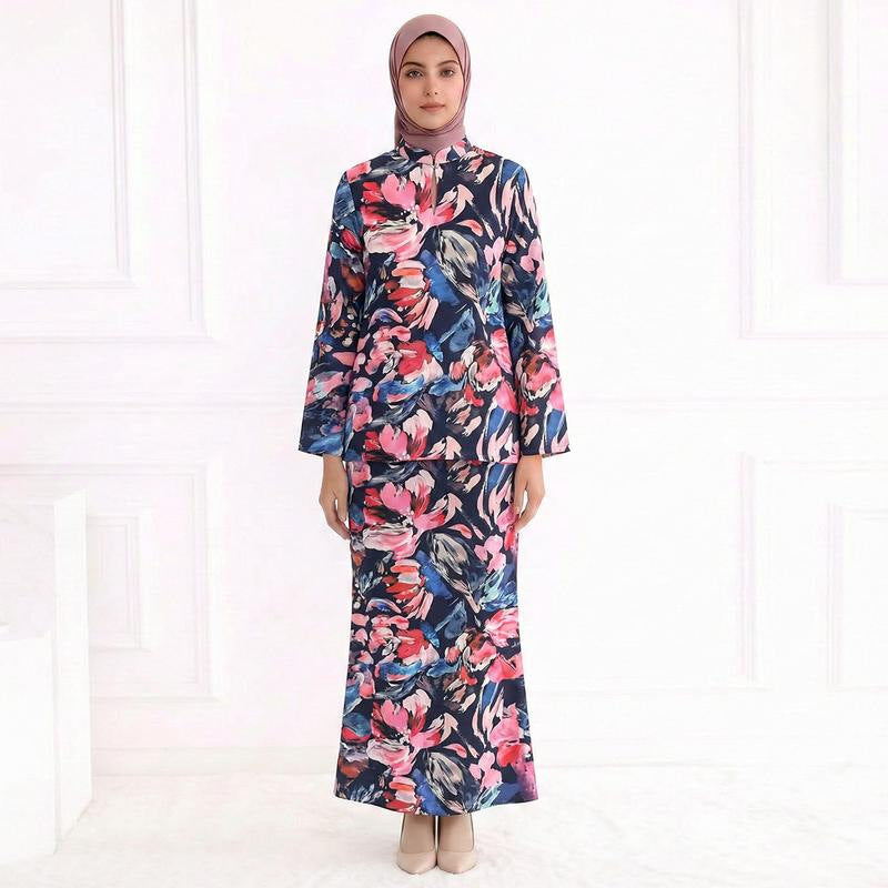 Damen Zweiteiliges Modest-Set aus Tunika mit Stehkragen und geradem Maxirock mit Blumenprint Echo Archiv