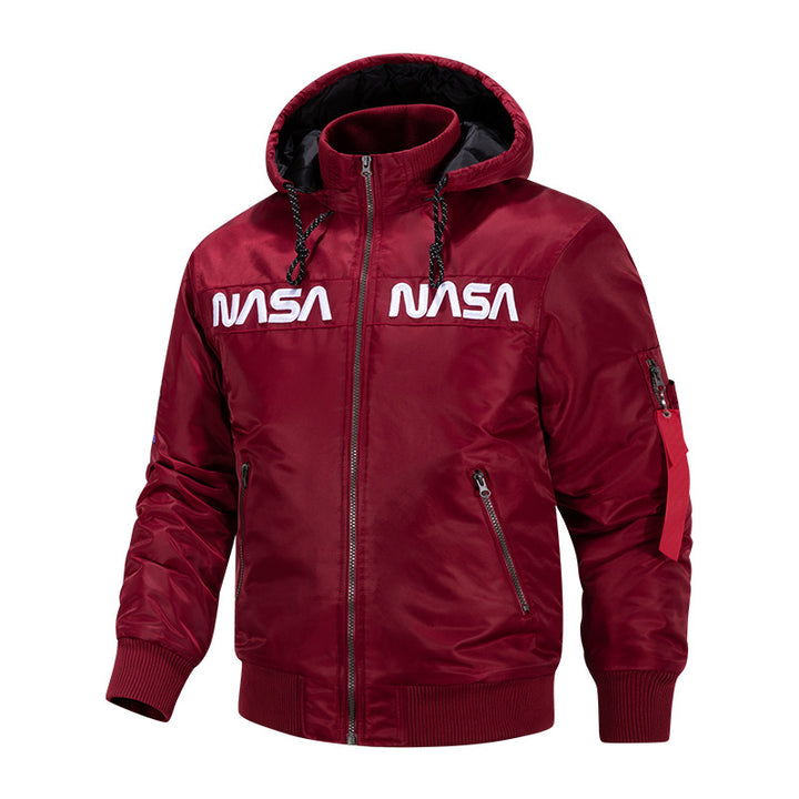 Herren  Kapuzen glänzende Mikroschalen Astronaut-inspirierte Bomberjacke mit gesteppter thermischer Fütterung und Ärmeltasche Echo Archiv