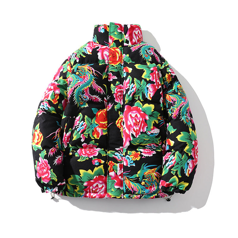 Damen Gefütterte gesteppte Pufferjacke mit großfloralem Print und Stehkragen Echo Archiv