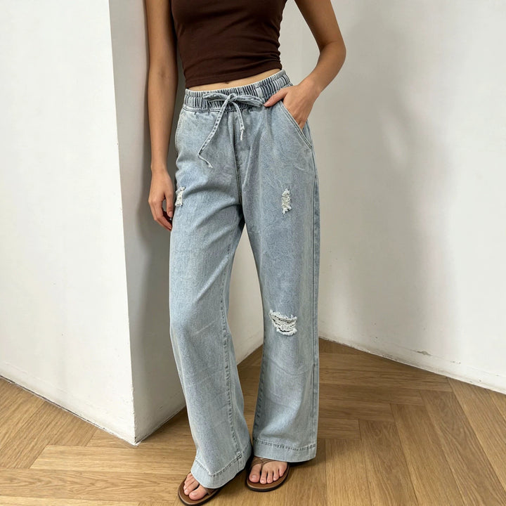 Damen nan weite Denimhose mit elastischem Kordelbund, Used-Effekten und lockerer Passform Echo Archiv