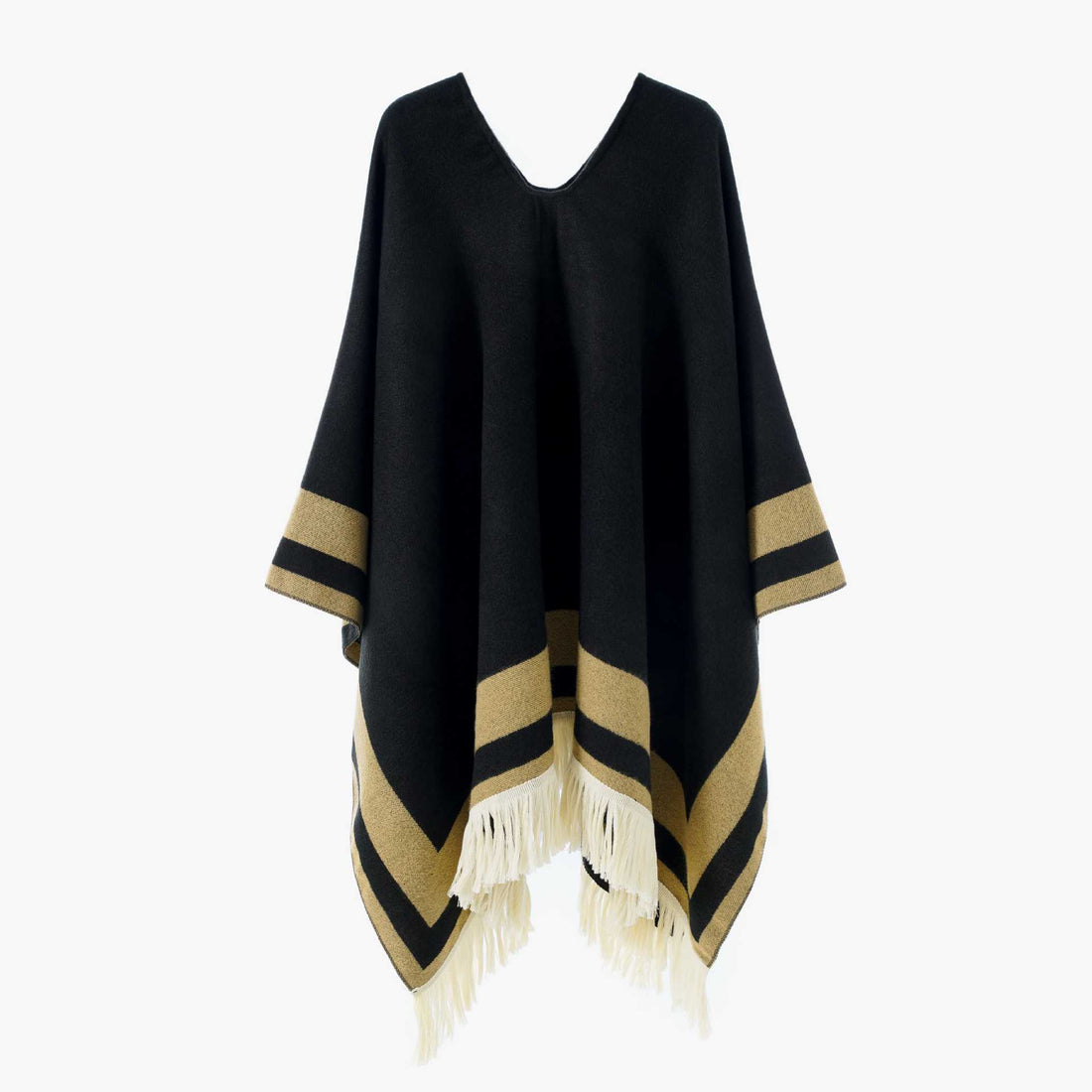 Damen Oversize Poncho-Cape mit V-Ausschnitt und Fransensaum – Avérine