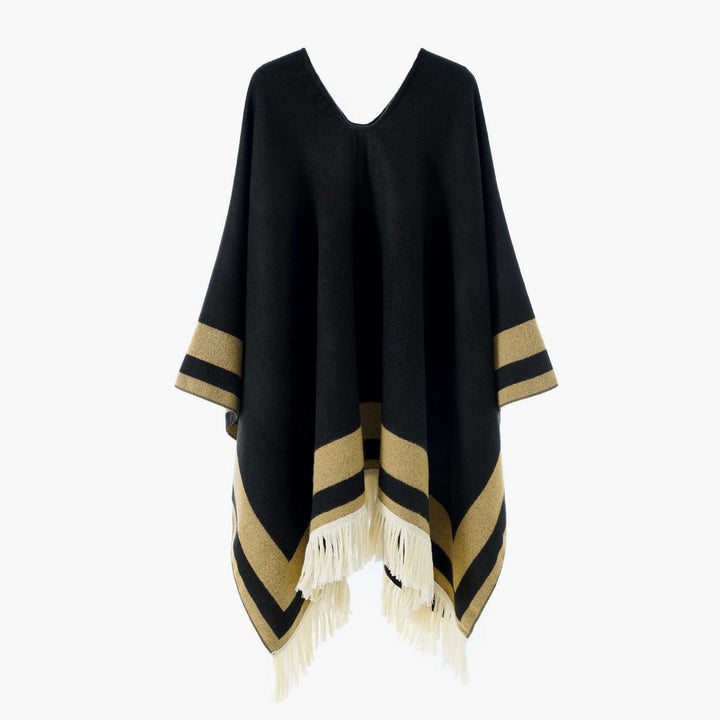 Damen Oversize Poncho-Cape mit V-Ausschnitt und Fransensaum – Avérine