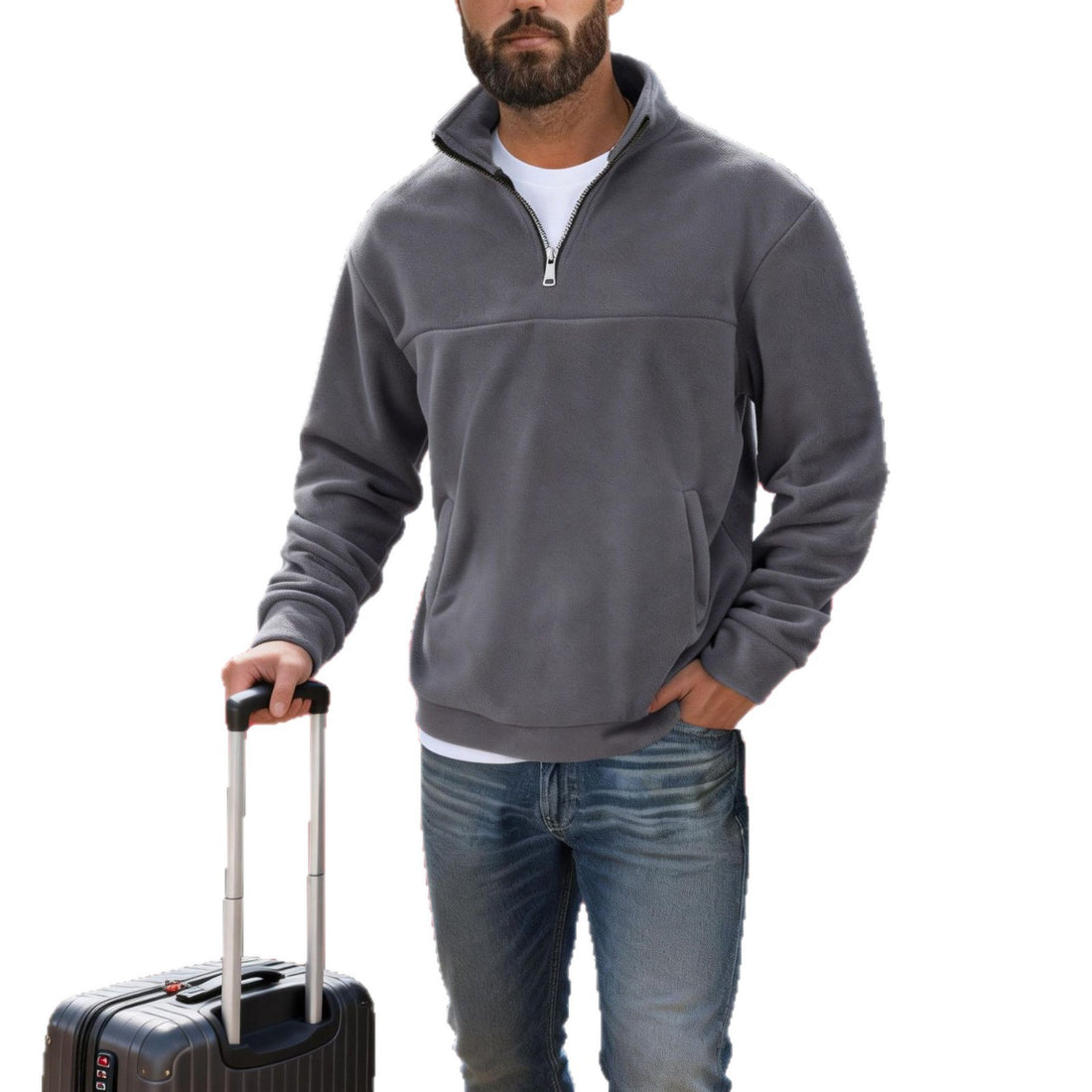 Herren warmer Fleece-Halbzip-Pullover mit Stehkragen, Kängurutasche und Relaxed Fit – Cavarno