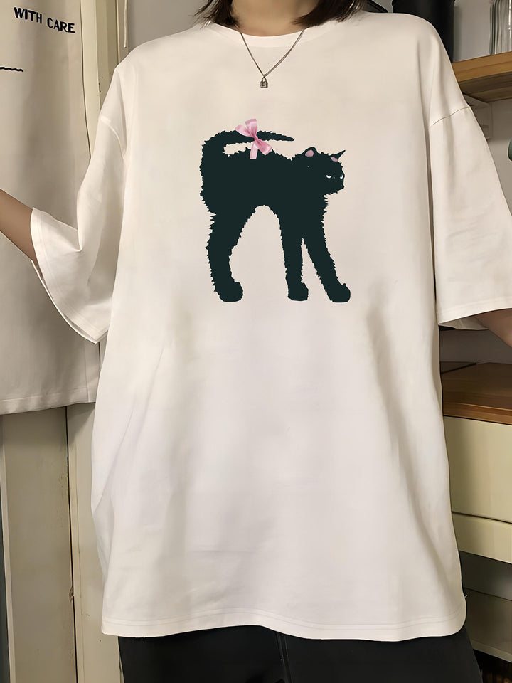 Damen T-Shirt mit kreativem Katzenmotiv und verspielter Schleife Echo Archiv