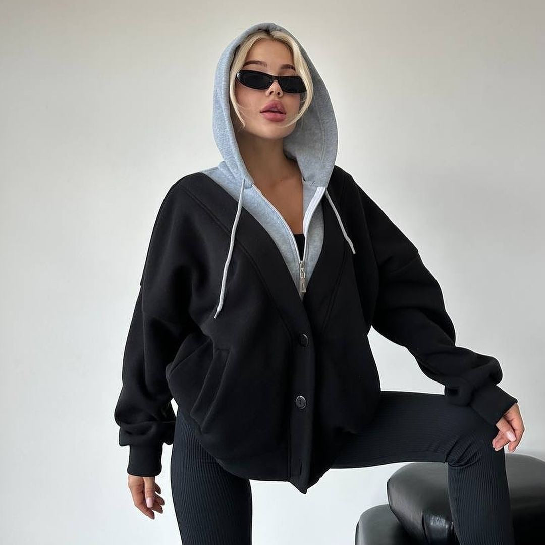 Damen Oversized Kapuzenjacke mit Druckknopfverschluss und Eingrifftaschen Echoarchiv