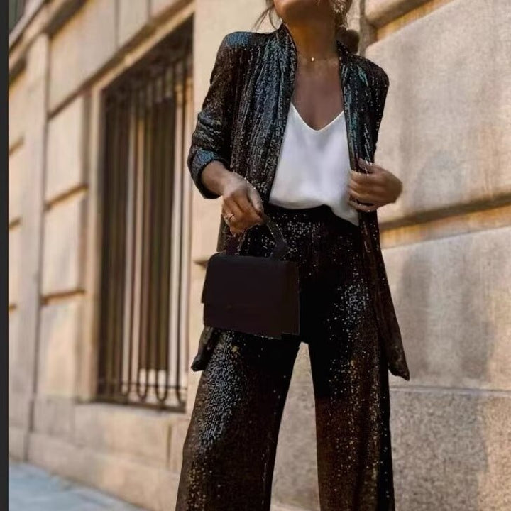 Damen festliches Pailletten-Zweiteiler mit offenem Kimono-Blazer und elastischer Plisseehose – Élanora